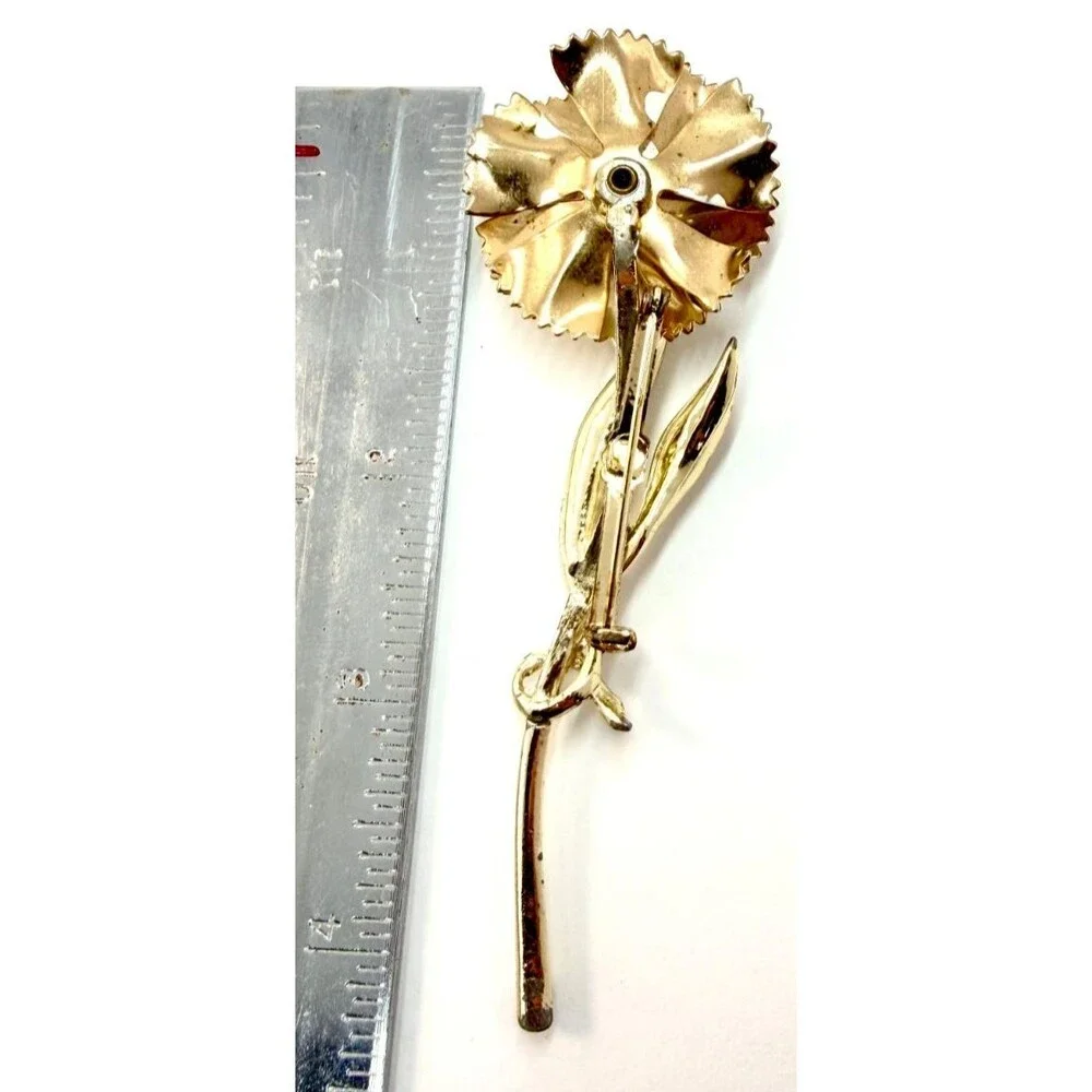 Vintage 60s Enamel Flower Brooch Long Stem Gold Tone White Floral Pin Rhinestone